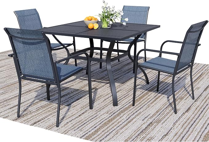 5-Piece Outdoor Dining Set, Square Metal Table with Light Blue Chairs, Black Patio Table with Umbrella Hole for Garden, Yard, Patio