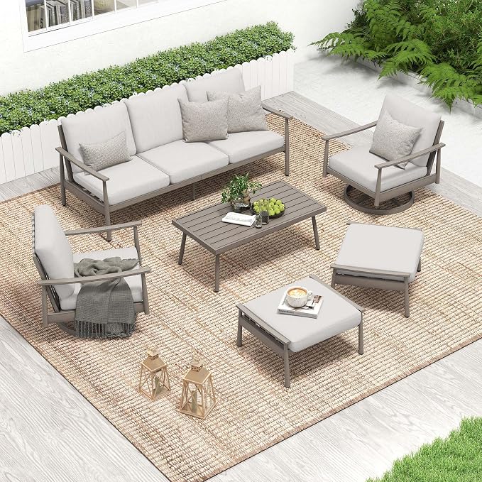 HAPPATIO Patio Outdoor Furniture Set - 6 Pieces Aluminum Outdoor Conversation Set with 1 Three-Seater Sofa, 1 Coffee Table, 2 Swivel Chairs, and 2 Ottomans for Yard, Porch, and Deck (Grey)