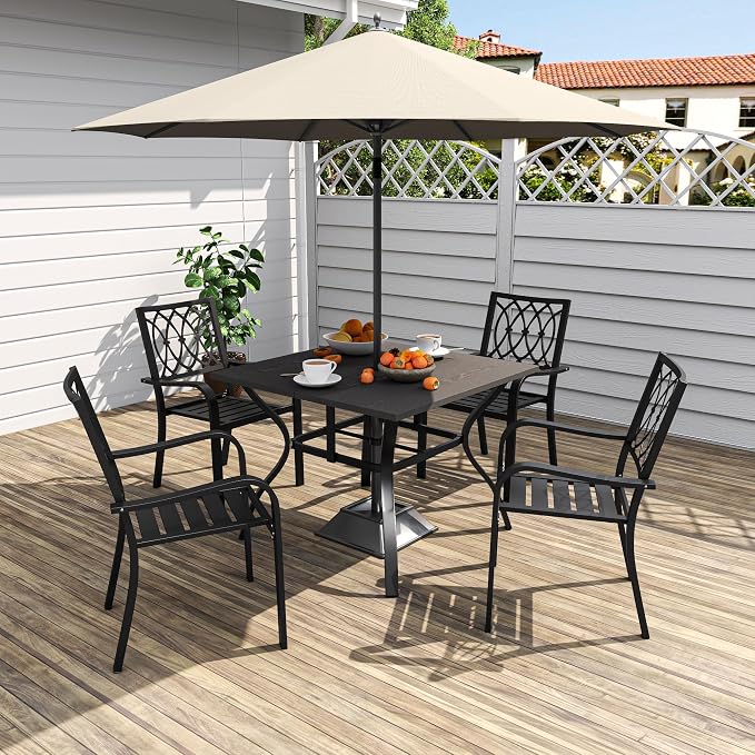 5‑Piece Outdoor Patio Dining Set 4 Metal Chairs 37.8" Square Wood‑Grain Metal Table w/Umbrella Hole Ergonomic Slat Design Quick Assembly Ideal for Garden
