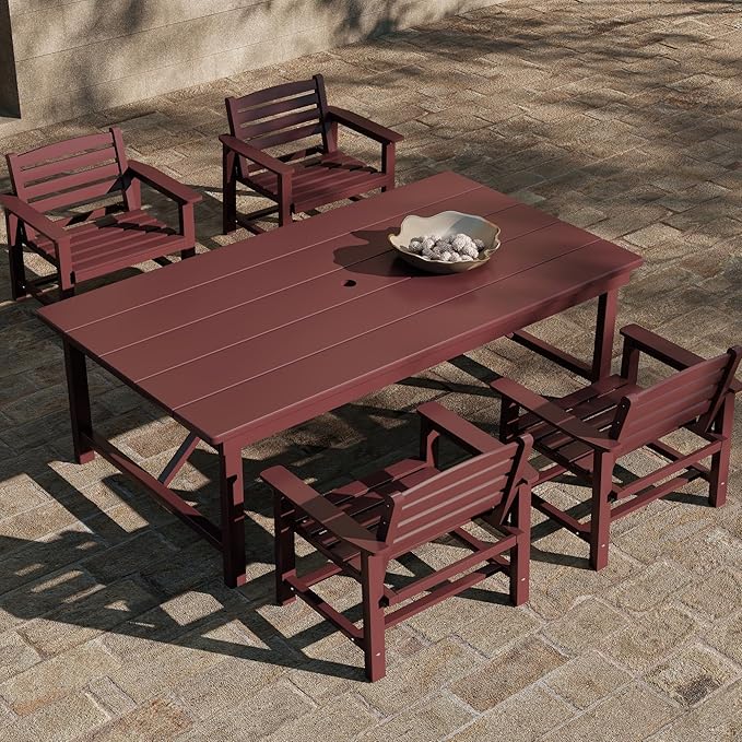 Outdoor HDPE Dining Set 5 Pieces, Patio Table with Umbrella Hole and 4 Chairs, All Weather Patio Furniture for Lawn, Garden, Backyard, Deck, Poolside, Outdoor Dining Table and Chairs, Coffee