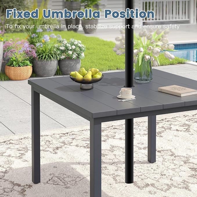 DIFY 5 Pieces Outdoor Dining Set, Metal Patio Table and Chairs Set for 4 with Umbrella Hole, 40.2" Square Outdoor Table and Textilene Swivel Patio Chairs for Garden, Backyard, Poolside, Grey