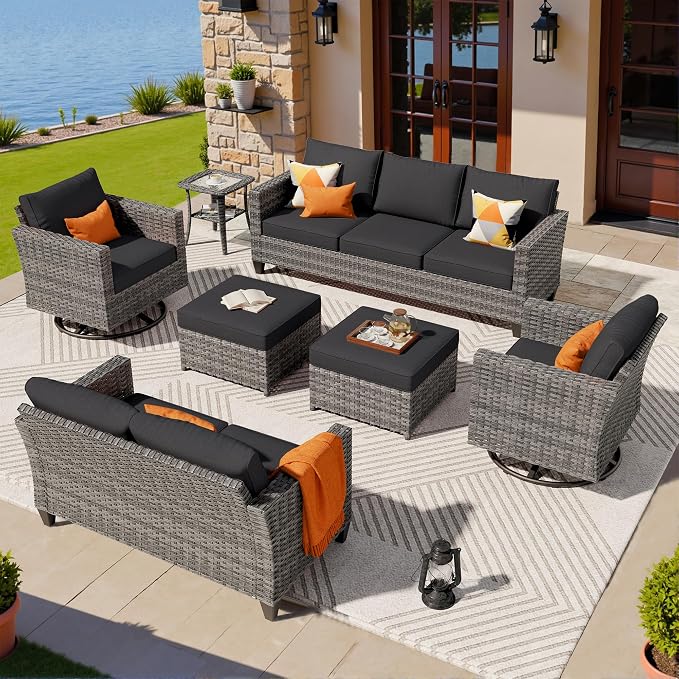 ovios 7 Pieces Patio Furniture Set, Outdoor Wicker Sofa Couch with Swivel Chairs, Rocking Glider Rocker with Comfy Cushions All Weather Rattan Conversation Set, Black