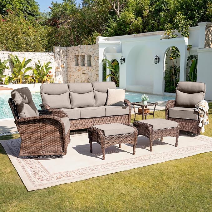Belord Upgraded 6“ Cushion Luxury 6 Piece Patio Furniture Set - Wicker Couch Outdoor Conversation Set with Swivel Rocker Patio Chairs, Deep Seat Glider Chairs Set for Deck Porch - Brown/Beige