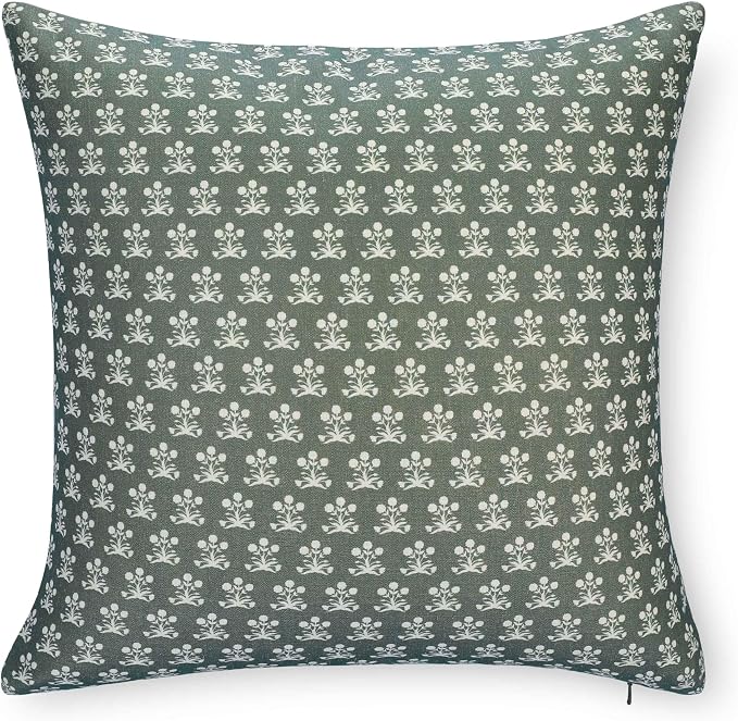 Crumbs Home Modern Farmhouse California Casual Indoor Outdoor Throw Pillow Cover, 22"x22" Water Repellent for Patio, Backyard, Couch, Poolside, Olive Green Block Print Floral