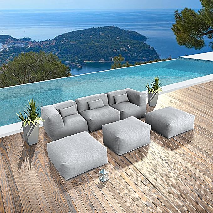 Dineli ANNYH CALALUNA 6Pc Patio Garden Furniture Sectional Conversation Set.Combines 1 Middle & 2 Corner Chairs, 3 Ottoman, Outdoor Exp Foam Filled Modular Contemporary Sofa (Dark Gray)