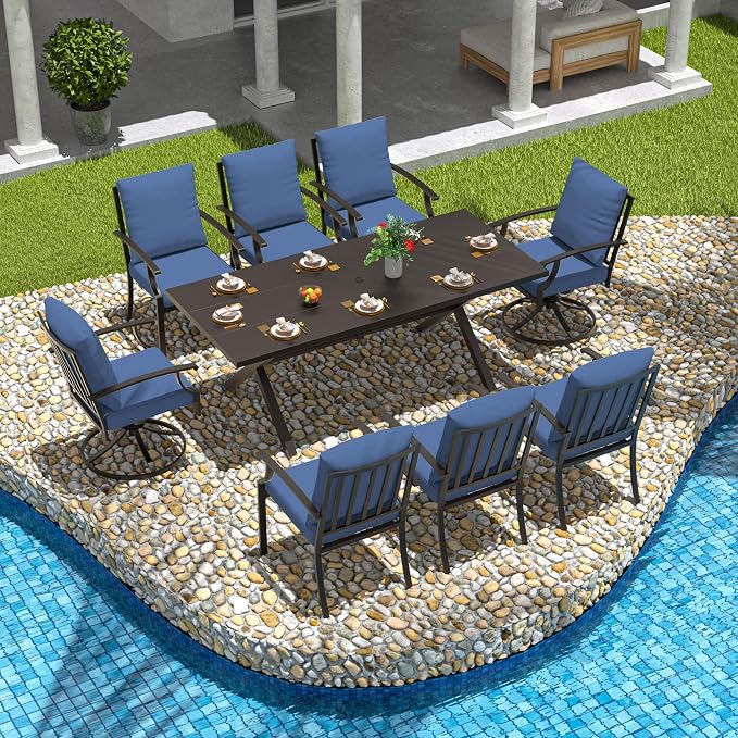 9-Piece Patio Dining Set Outdoor Conversation Set,Metal Outdoor Furniture Set with Umbrella Hole Cut-Out 78.7" x 35.4" Table and 8 Metal Chairs for Backyard,Garden,NavyBlue