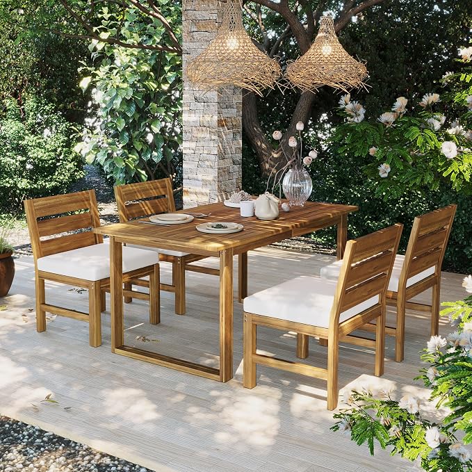 5-Piece Outdoor Patio Dining Set for 4, Solid Acacia Wood Table with Rope Woven Chairs, Farmhouse Style for Garden Backyard Poolside (Beige,Natural 2)