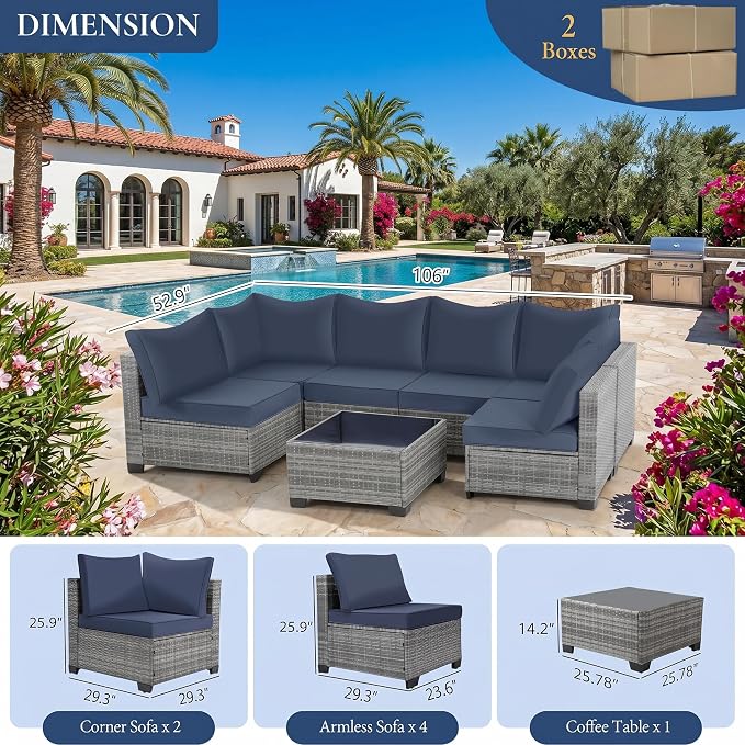 7 Pieces Outdoor Patio Furniture Set, All-Weather Sectional Sofa | Grey Wicker Conversation Set with Glass Table and Blue Cushions | PE Rattan Weaving | Ideal for Patio, Pool, Balcony