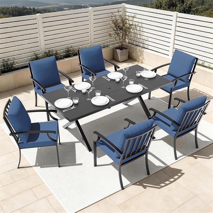 7 PCS Outdoor Patio Dining Set,Patio Table and Chairs Metal Outdoor Patio Furniture Set with Umbrella Hole,Dining Table Set with 6 Chairs for Deck,Backyard and Garden,Navy Blue
