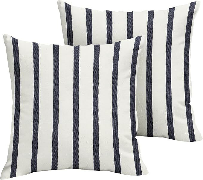 Mozaic AMPS105811 Indoor Outdoor Sunbrella Square Pillows, Set of 2 20 x 20 White & Indigo Blue Stripes