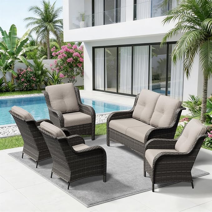 5 Piece Outdoor Wicker Patio Furniture Set, Patio Chairs Set with Thickened Olefin Cushions, High Back and Deep Seating, Hand-Woven PE Rattan for Porch, Deck