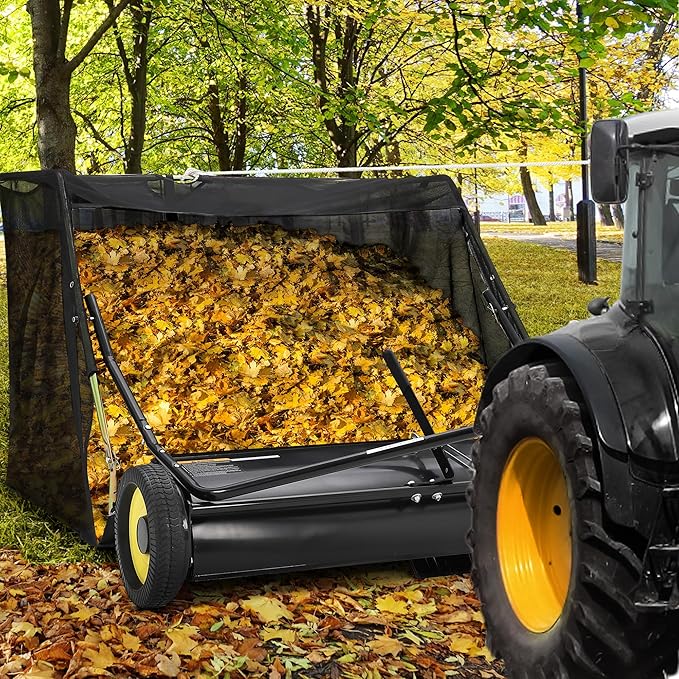 Heavy Duty Tow Behind Lawn Sweeper – 44-Inch Leaf & Grass Collector – Large Capacity Push Mower – Adjustable Height – Dumping Rope – Fits Ride-On Mowers – 44-Inch Black Upgraded Version