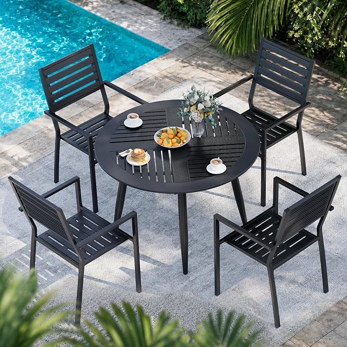 Pamapic 5-Piece HDPE Round Outdoor Dining Set, All-Weather Patio Furniture Set with Powder-Coated Iron Frame, Outdoor Table & 4 Stackable Chairs for Garden, Backyard, Poolside, Deck