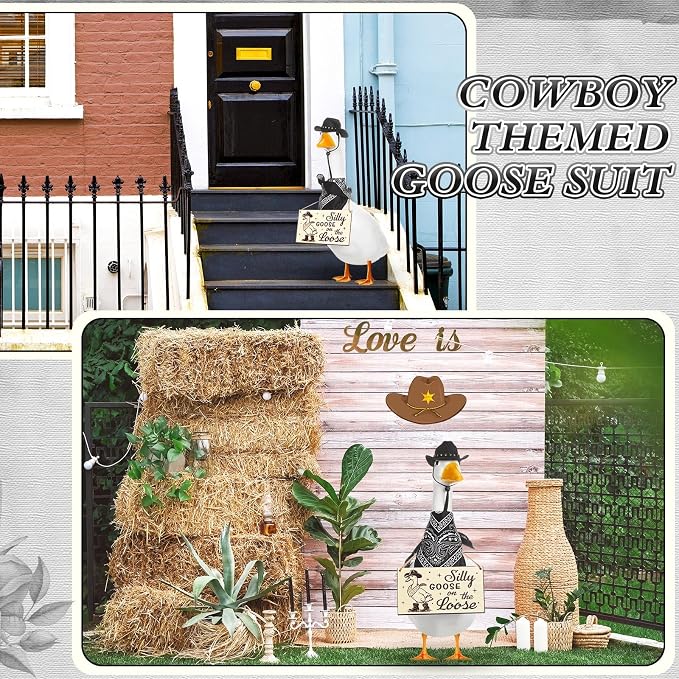Funny Porch Goose Outfit Decoration Set Silly Goose on The Loose Hangings Sign Cowboy with Outfit Cowboy Hat Bandana for 23" Cement/Plastic Outdoor Statue Patio Yard Lawn Art(Black)