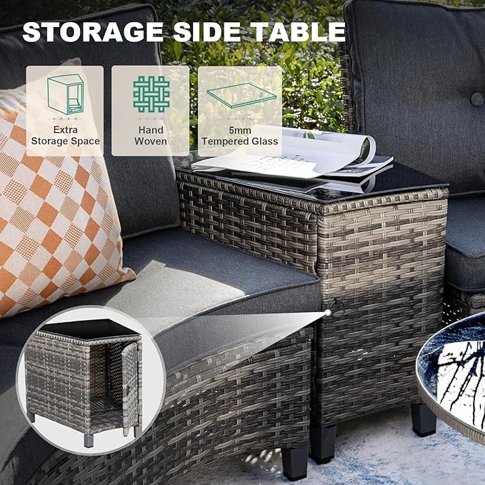 MEISSALIVVE 8-Piece Half-Moon Curved Outdoor Patio Furniture Set, Sectional Conversation Sofa with 2 Half-Moon Ottomans, Coffee & Side Tables for Backyard Deck Garden, Grey