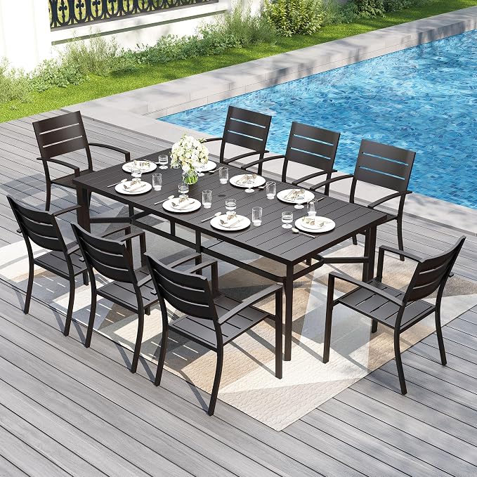 PHI VILLA, 9 Piece, Outdoor Dining Set, 83" Rectangle Metal Table, Black | 83”Black Metal Steel Table with Umbrella Hole & Stackable Iron Chairs, Large Outside Furniture Set for Deck, Yard, Porch