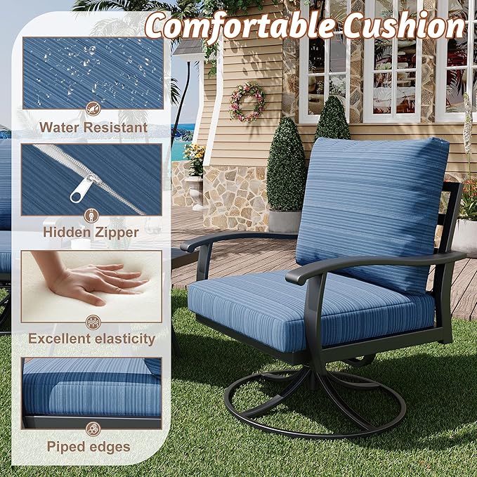 HOMREST Patio Furniture Sets 4 PCS Outdoor Metal Conversation Sets, 360 Degree Swivel Rocking Chairs Patio Conversation Set with Coffee Table and 3-Seat Sofa for Garden, Deck and Poolside