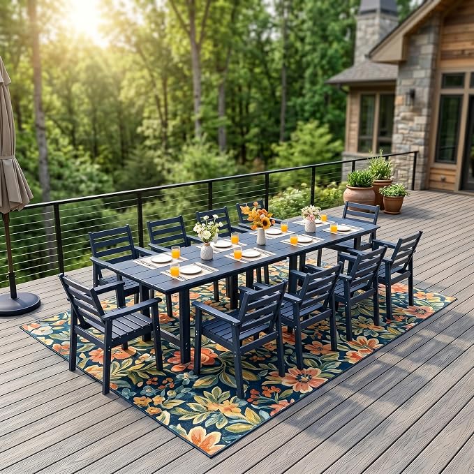 12-Piece Outdoor Dining Set, All-Weather HDPE Patio Furniture, Two 66.5" Slatted Table with 1.6" Umbrella Hole & 10 Ergonomic Armchairs, Heavy Duty 350lbs Capacity, UV Resistant, Blue