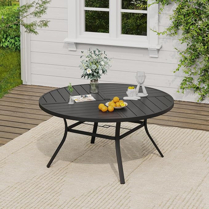 VICLLAX Round Outdoor Patio Dining Set for 8, Metal Slatted Patio Table with Umbrella Hole and 8 Stackable Patio Chairs for Deck Lawn Garden, Black Fabric and Black Tabletop