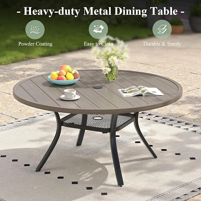 7 Pieces Outdoor Dining Set, Stackable Textilene Paito Chairs & 47.2" Round Dining Table with Umbrella Hole and Shelf, Patio Dining Set for Backyard, Deck, Garden, Grey
