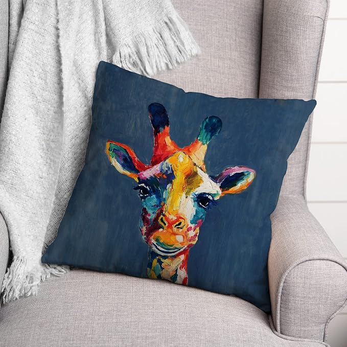Colorful Giraffe on Blue Indoor/Outdoor Pillow | Decorative Pillows for Living Room Couch Bed Sofa Patio, Fluffy Soft Cushion | Water Resistant Multi, 18x18