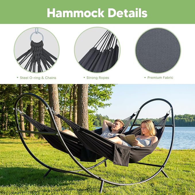SUNCREAT Hammocks 2 Person Standing Patio Hammock, Portable Hammock with Stand Foldable, Patent Pending, Dark Gray