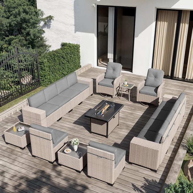16 Pieces Patio Furniture Set with Fire Pit Table, Outdoor Sectional Wicker Sofa with Thick Cushions, High Back Swivel Rocker Patio Chairs, Rattan Conversation Set with Coffee Table, Grey