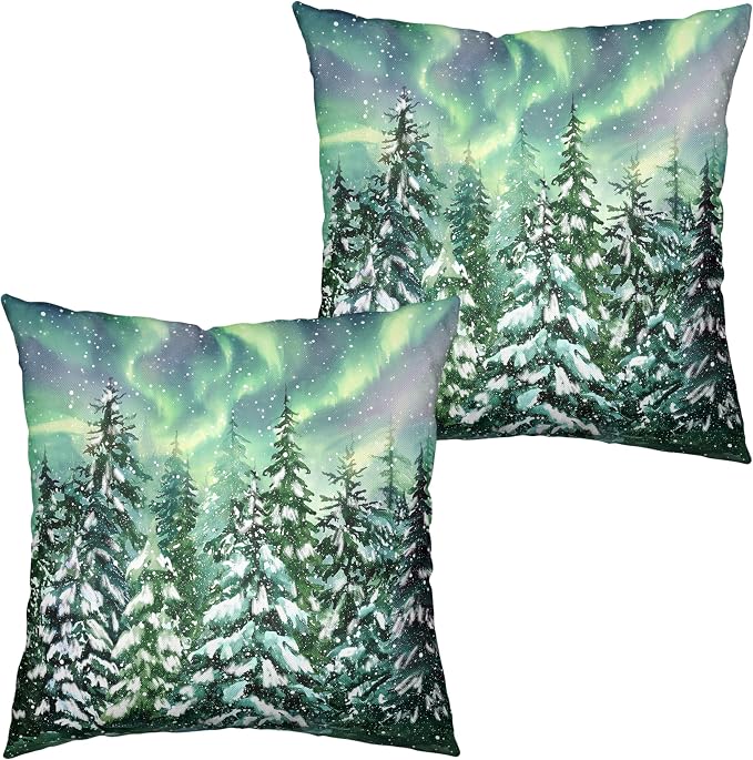 Winter Aurora Pillow Covers 18x18 Set of 2 Snowy Pine Tree Throw Pillow Covers Green Polar Light Forest Pillow Case Double Sided Printing Cushion Case for Home Decor Couch Sofa