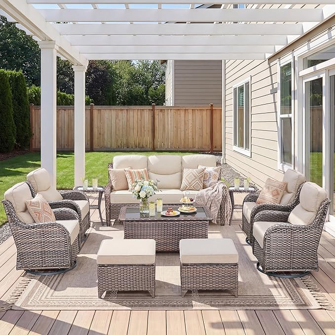 Luxury 10 Pieces Patio Furniture Set, Wicker Swivel Rocker Patio Chairs with 6" Thick Cushion, Outdoor Wicker Sofa with Coffee Table, All Weather Outdoor Conversation for Garden Porch(Brown/Beige)