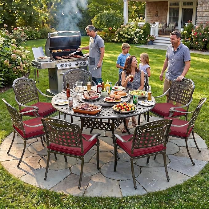 MEETWARM 9-Piece Outdoor Furniture Dining Set, All Weather Cast Aluminum Patio Garden Set with 8 Cushioned Chairs, 61" Round Patio Dining Table with Detachable Lazy Susan, 2" Umbrella Hole, Chili Red