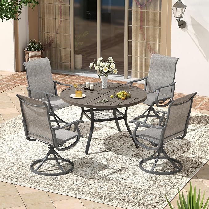VICLLAX Patio 5 Pieces Outdoor Dining Set, 40.6" Round Metal Table with Umbrella Hole and Storage Shelf, 4 Swivel Textilene Chairs for Lawn, Garden, Porch, Grey