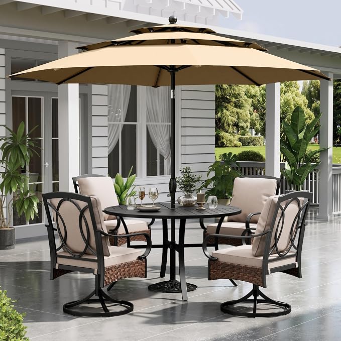 Sophia & William Patio Table and Chairs with 10ft 3 Tier Auto-tilt Beige Umbrella, 6 Piece Outdoor Table Furniture Set with 4 Padded Swivel Rocker Dining Chairs, 1 Round Metal Table and 1 Umbrella