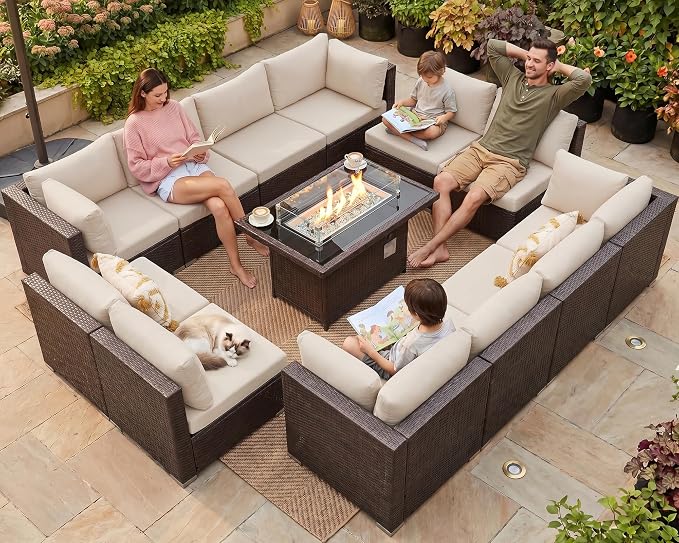 NICESOUL 13 Piece Patio Furniture w/Fireplace, Elegant Outdoor Seating w/Firepit, XL 29.3'' High Back Sectional Sofa, All-Weather Rattan Deck Couch, Modular Sturdy Conversation Set, Brown & Beige