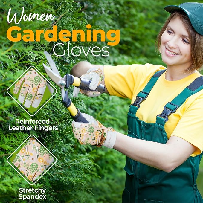 HANDLANDY Gardening Gloves for Women, Leather Garden Glove, Gardener Gift | Breathable Floral Ladies Leather Garden Yard Gloves, for Trimming, Weeding, Digging, Planting, Pruning