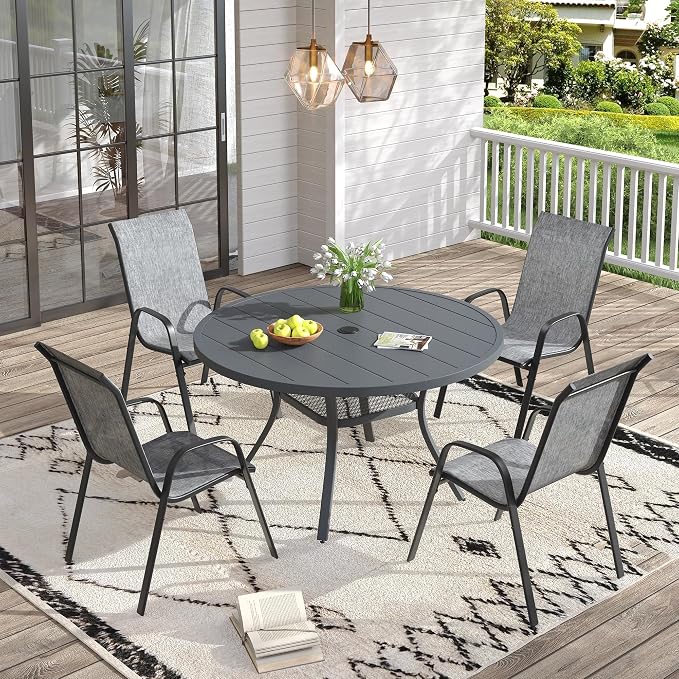 VICLLAX Patio Dining Set for 4, All Weather Metal 5 Pieces Patio Set-40.6" Round Outdoor Table and Stackable Chairs for Lawn Garden and Backyard, Grey Tabletop