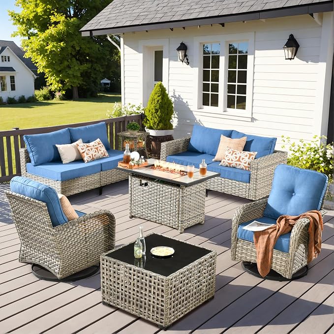 Outdoor Patio Furniture Sets,9 PCS Patio Conversation Set Outside Rattan Sectional Sofa with 42 in Square Fire Pit Table Wicker Rocking Chair Coffee Table Fit Backyard Garden Poolside Balcony