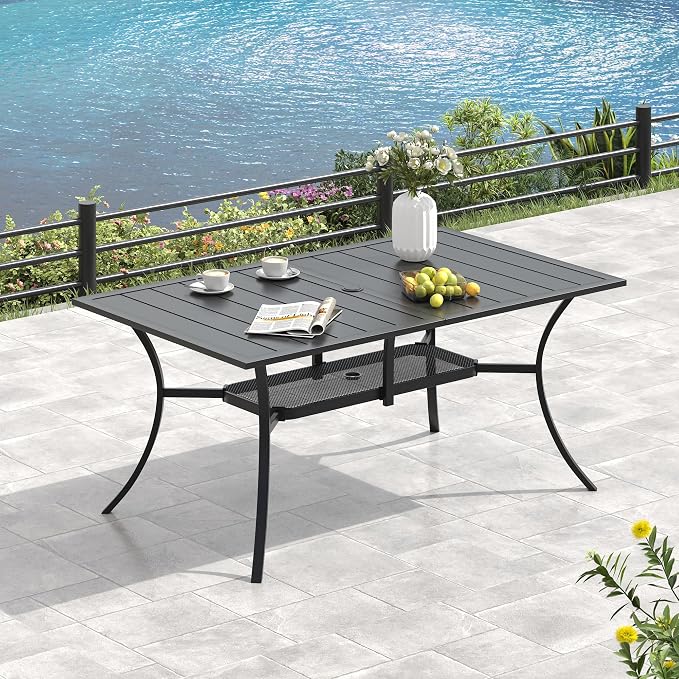 VICLLAX Outdoor Patio Dining Set for 6, Metal Slatted Patio Table with Umbrella Hole and Stackable Patio Chairs for Deck Lawn Garden, Brown Fabric and Black Tabletop