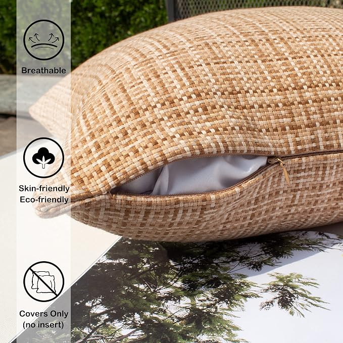 Kevin Textile Outdoor Waterproof 16x16 Inch Pillow Covers 2 Pack, Beige | Water Resistant, Faux Linen Yarn-dyed, Woven Texture Throw Pillow Covers for Tent Patio Garden Couch Sofa