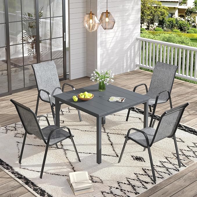 VICLLAX Patio Dining Set for 4, All Weather 5-Piece Patio Set-40.2" Square Outdoor Table and 4 Stackable Chairs for Lawn Garden and Backyard,Grey Tabletop