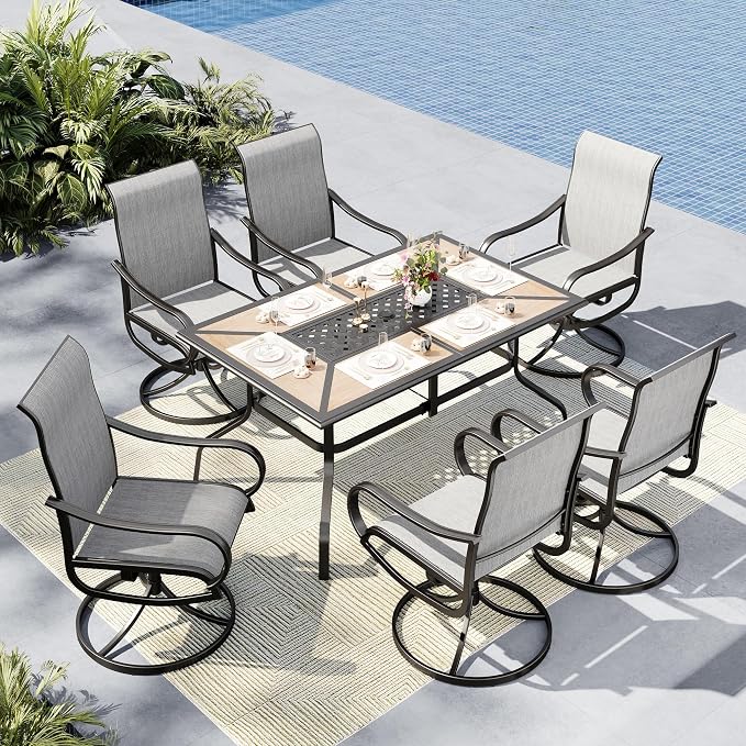 MFSTUDIO Outdoor Patio Dining Set for 6, Patio Table and Chairs Set for Deck/Backyard/Poolside/Garden, 7 Piece Outdoor Patio Furniture Set with Umbrella