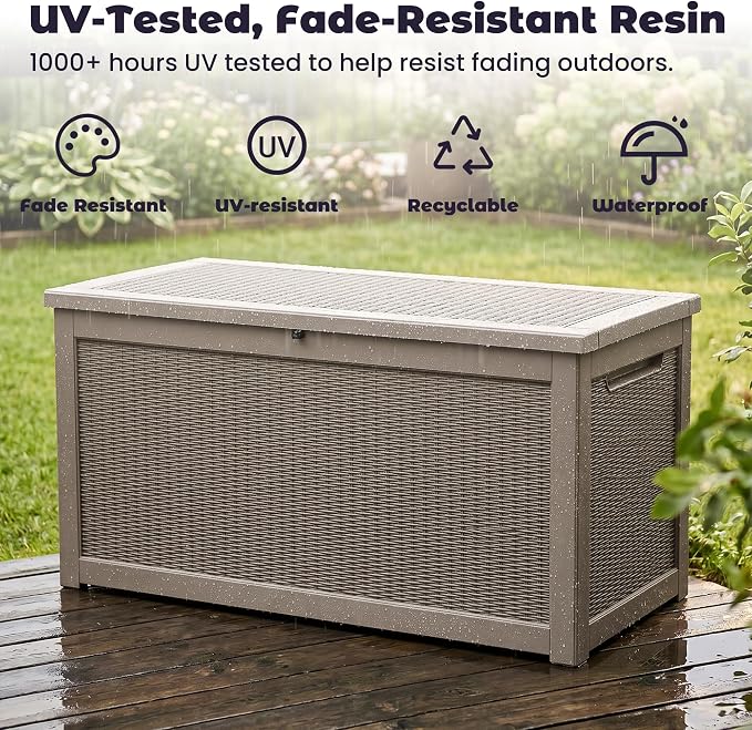PatioZen 330 Gallon Outdoor Storage Box, Heavy Duty Resin Large Deck Box Organization for Garden Tools & Pool Accessories, Hydraulic Lift, All-Season UV-Resistant, Grey