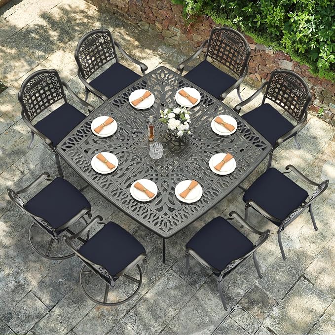 VIVIJASON 9-Piece Outdoor Dining Set, Cast Aluminum Patio Table & Chair Furniture Set for 8, Include 64" Square Dining Table, 2 Swivel Rocker Chairs, 6 Stationary Chairs, Umbrella Hole, Navy Blue