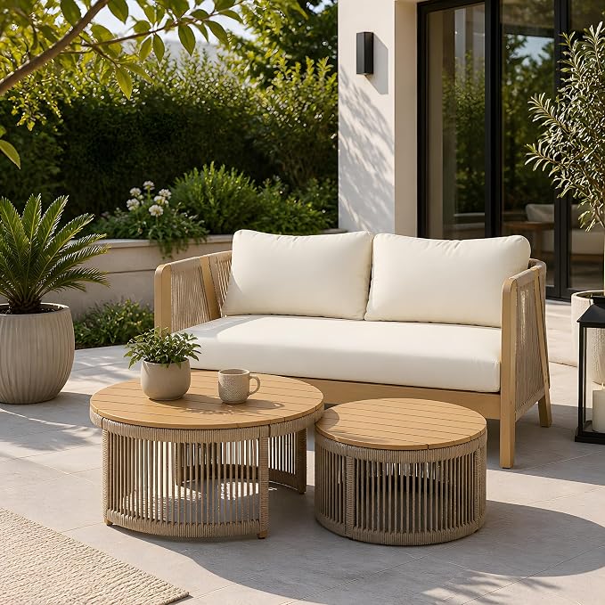 Christopher Knight Home Dalba Acacia Wood Outdoor Loveseat and Coffee Table Set, 3 Piece Patio Furniture Set with Removable Cushion, Solid Wood Outdoor Conversation Set, Light Teak+Beige