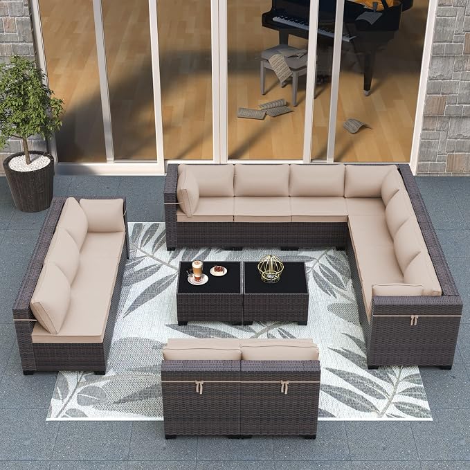 Outdoor Patio Furniture Set, 14 Pieces Outdoor Sectional Furniture Patio Sofa, All-Weather PE Rattan Patio Conversation Set with Tempered Glass Top Table & Cushions(Brown).