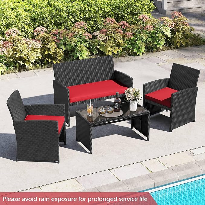RELAX4LIFE 4-Piece Patio Furniture Set - Wicker Rattan Outdoor Sectional Sofa Set w/Glass Coffee Table, Loveseat, 2 Chairs & Soft Cushions, Bistro Conversation for Garden Porch (1, Black-Red)