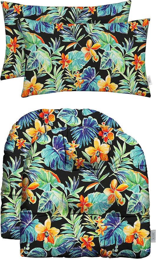 RSH DECOR: Tufted U-Shapes & Lumbars 2 of Each | 22" x 22” & 20" x 12" | Water-Resistant Spun Fabric | Outdoor Wicker Cushions & Support Pillows for Patio Furniture | Beachcrest Caviar