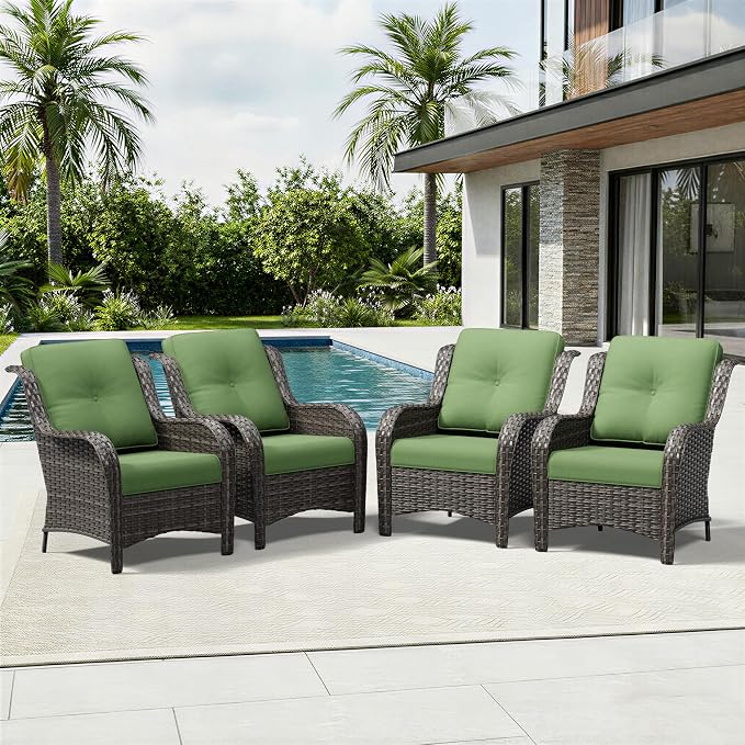 Joyside 4 Piece Wicker Patio Furniture Set, Rattan Patio Chairs with High Back, Deep Seating, Wide Armrest, Thickened Cushions, Outdoor Furniture for Deck, Porch Use