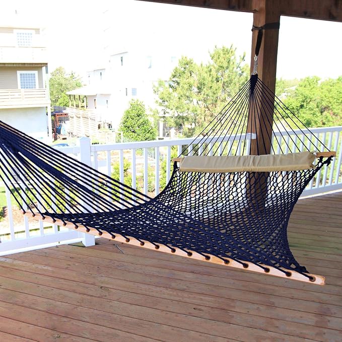 Nags Head Hammocks Captain Navy Duracord Rope Hammock with Free Extension Chains & Tree Hooks, Handcrafted in The USA, Accommodates 2 People, 450 LB Weight Capacity, 13 ft. x 55 in.