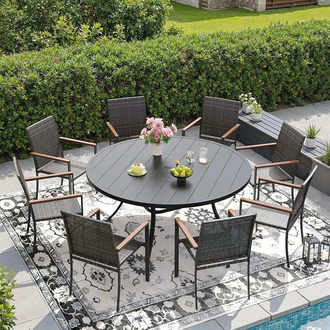 DIFY 9 Piece Patio Dining Set, Metal Outdoor Table and Chairs Set for 8, 53" Round Black Dining Table with Umbrella Hole & Wicker Stackable Patio Chairs, Patio Furniture Set for Garden Backyard