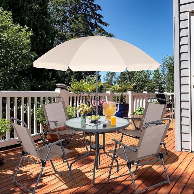 Vongrasig 6 Pieces Folding Patio Dining Set, All Weather Small Metal Outdoor Table and Chair Set, Garden Patio Furniture Set w/Umbrella, Glass Table & 4 Folding Chairs for Lawn, Backyard, Brown